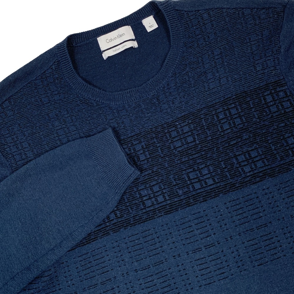 Calvin Klein Mens Large Merino Wool Blend Sweater Blue Italian Yarn Crew Neck